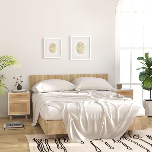 The Living Store Comodini 2 Pezzi. Pino Massiccio Bianco E Rattan Naturale-image