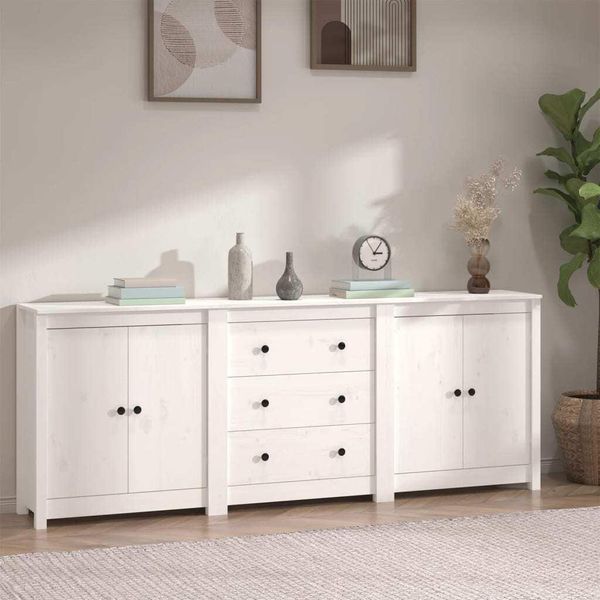 The Living Store Credenza Bianca 210X35X80 Cm In Legno Di Pino Massiccio-image
