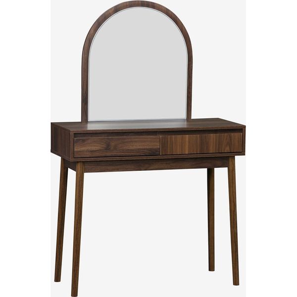 Toeletta Trucco Decorata In Legno Con Specchio E 2 Cassetti, 90Cm, Noce-image