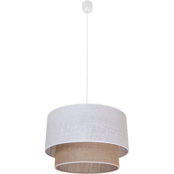 Lampada A Sospensione Scandinava In Juta, Doppio Paralume, Bianco E Beige, 1Xe27 60W, Bueno Milagro-image