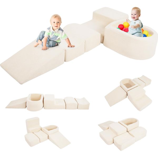 Costway 5 Pezzi. Blocchi Di Schiuma, Blocchi Giganti Con Piscina Di Palline, Blocchi Grandi Per Giocare E Arrampicarsi, Blocchi Da Arrampicata Morbidi Xxl, (Beige, Tessuto In Velluto A Coste)-image