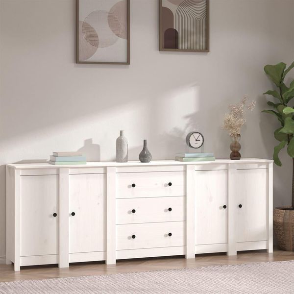 The Living Store Credenza Bianca 230X35X80 Cm In Legno Di Pino Massiccio-image