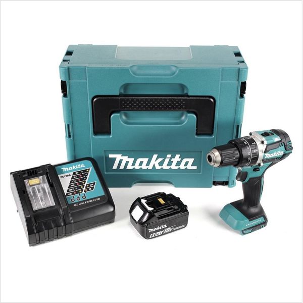 Makita Dhp 484 RT1J Trapano Avvitatore Con Percussione A Batteria 18V In Valigetta Makpac + 1X Batteria Bl 1850 5,0 Ah + Caricabatterie DC18RC-image