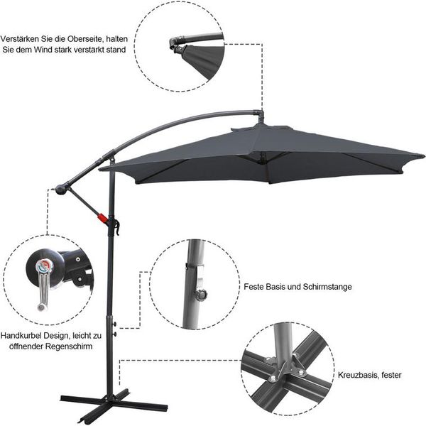 Wolketon 3M-3.5M Ombrellone Inclinabile A Sbalzo Ombrellone Da Balcone Ombrellone Da Mercato UV40+ Ombrellone Da Giardino, Grigio, 3M-image