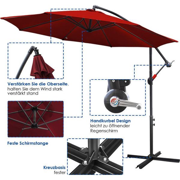 Einfeben 3,5M Ombrellone Da Giardino Con Led Semaforo Solare Ombrellone Padiglione A Manovella Alluminio, Rosso, 3,5M-image