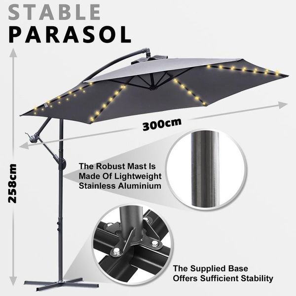 Yakimz Ombrellone Da 3 M UV40+ Con Led Solare Orientabile Ombrellone Da Giardino Ombrellone A Manovella Alluminio, Grigio-image