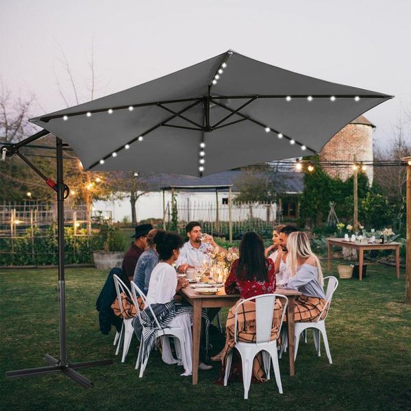 Jiubiaz Ombrellone Grigio Led Solare Ø300Cm Ombrellone Pensile Da Giardino Ombrellone Da Mercato Ombrello A Manovella Balcone Alluminio Inclinabile-image