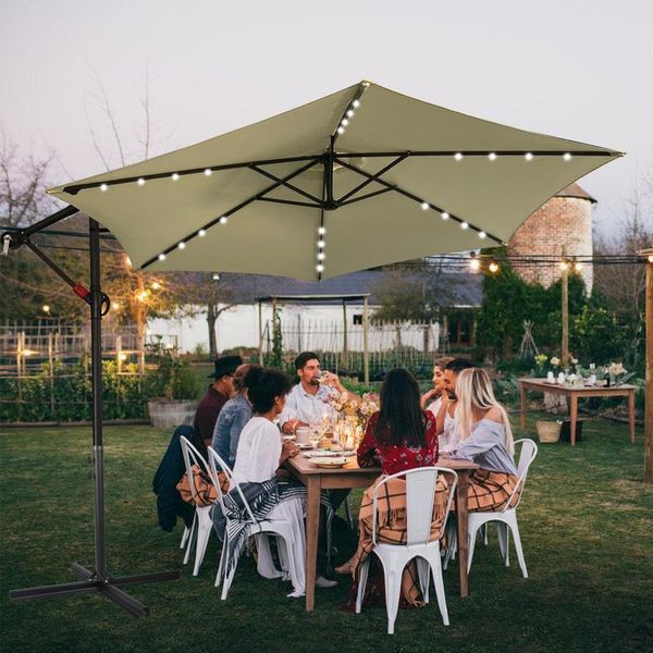 Jiubiaz Ombrellone Beige Led Solare Ø350Cm Ombrellone A Sbalzo Ombrellone Da Giardino Ombrellone Da Mercato Ombrellone A Manovella Balcone Alluminio Inclinabile-image