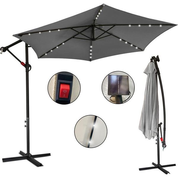 Yakimz Ombrellone Grigio Led Solare Ø350Cm Ombrellone Da Giardino Ombrellone Da Mercato Ombrello A Manovella Balcone Alluminio Inclinabile-image