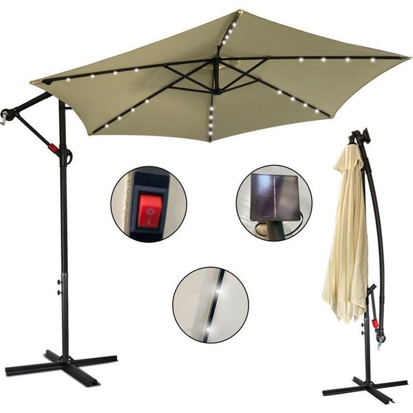 Yakimz Ombrellone Beige Led Solare Ø350Cm Ombrellone A Sbalzo Ombrellone Da Giardino Ombrellone Da Mercato Ombrellone A Manovella Balcone Alluminio Inclinabile-image