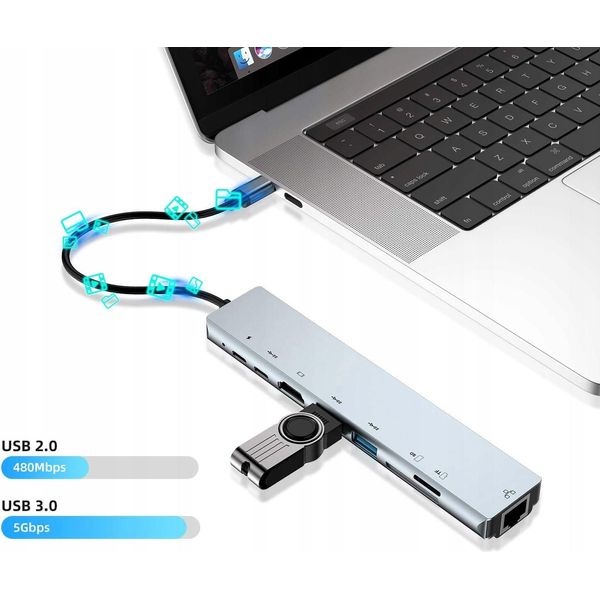 Hub 8 In 1 Type-C A Hdmi 4K / Usb 3.0 / USB-C (Dati) / Tf / Sd / Lan RJ45 Gigabit Ethernet / Pd 87W Adattatore Per Macbook / Windows Laptop-image