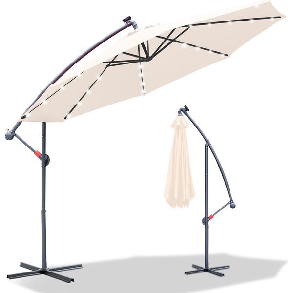 Ombrellone A Sbalzo Tolletour 350 Cm Con Illuminazione Led, Protezione Uv E Manovella - Beige-image
