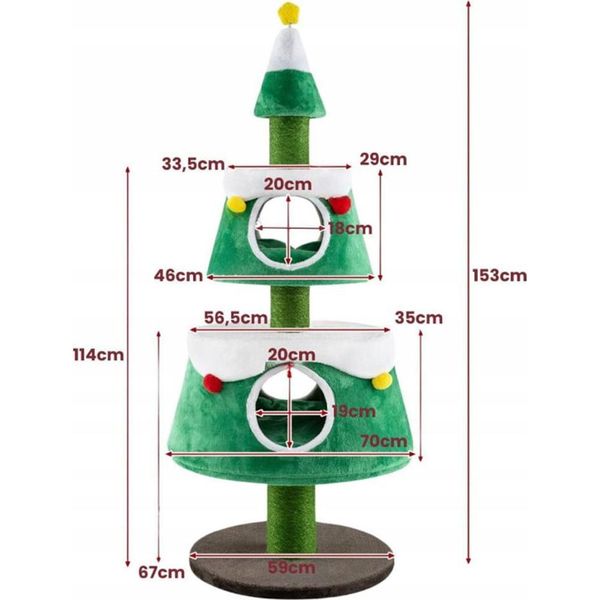 Costway Tiragraffi Per Natale, Simpatico Albero Per Gatti Albero Di Natale Con 2 Grotte Per Gatti, Tiragraffi In Sisal, Giocattoli E Cuscino In Peluche 59X153Cm Verde-image