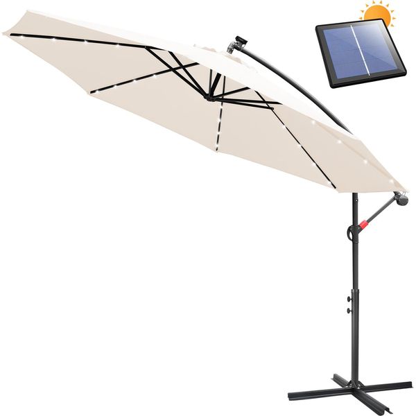 Ombrellone Clanmacy Ombrellone A Braccio 300 Cm Con Led, Ombrellone Da Giardino Ombrellone Da Mercato Manovella Balcone Protezione Uv, Manovella - Beige-image
