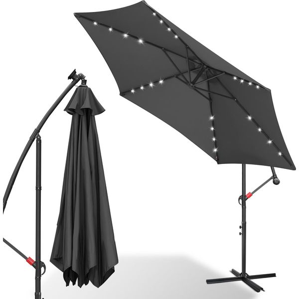 Ombrellone Hengda Ombrellone A Braccio 300 Cm Con Led, Protezione Uv, Manovella - Grigio Ombrellone Da Giardino Ombrellone Da Mercato Manovella Balcone-image