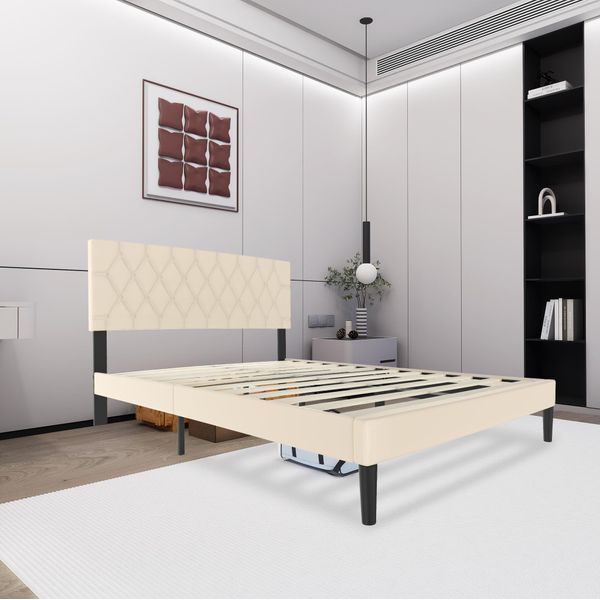 Yuenfong 140X200Cm Struttura Letto Imbottita Letto Imbottito Con Testiera E Rete A Doghe Struttura Letto A Piattaforma In Metallo Base Materasso, Pelle, Beige-image
