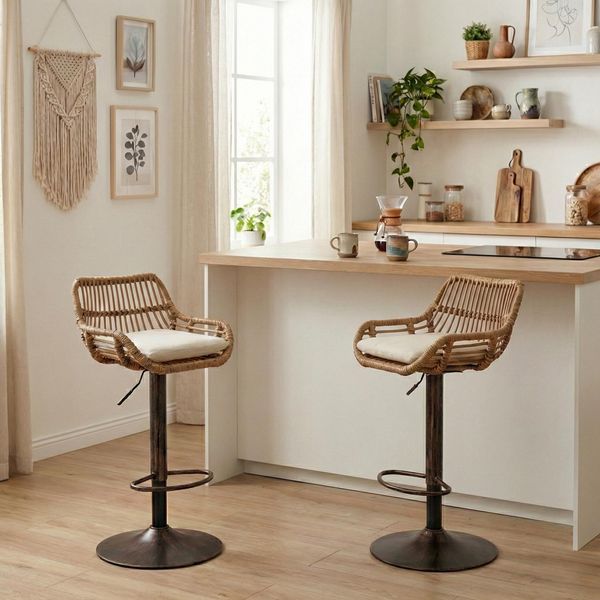 Lvhom Set Di 2 Sgabelli Da Bar In Rattan Con Base In Metallo, Sgabello Da Bar Con Schienale, Mobili Da Giardino Mobili Da Balcone, Sgabello Regolabile In Altezza Girevole A 360°, Beige-image