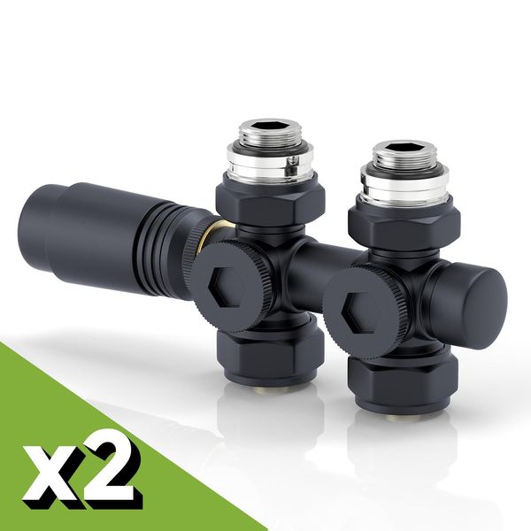 S'afielina Set Multiblock Per Raccordo Radiatore, Antracite (2 Pz) Blocco Rubinetto Termostatico Valvola Accessori Per Il Riscaldamento Forma Angolare E Rettilinea-image