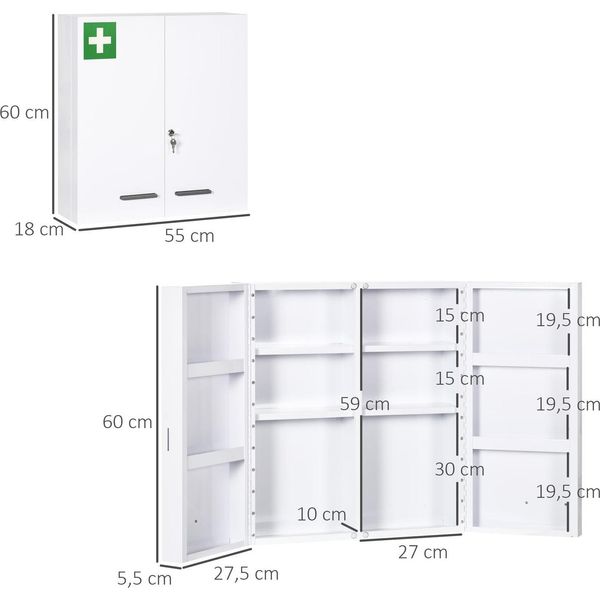 Armadietto Per Medicinali Armadietto Per Medicinali A 2 Ante Con 6 Ripiani, Armadietto Per Farmacia Con Montaggio A Parete, Acciaio, Bianco, 55X18X60Cm-image