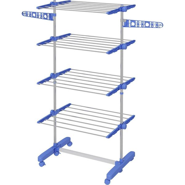 Stendibiancheria Con Ruote, Colonna Asciugatrice, Stendibiancheria Con Ala Pieghevole, Colonna Lavanderia, Acciaio, Blu-image