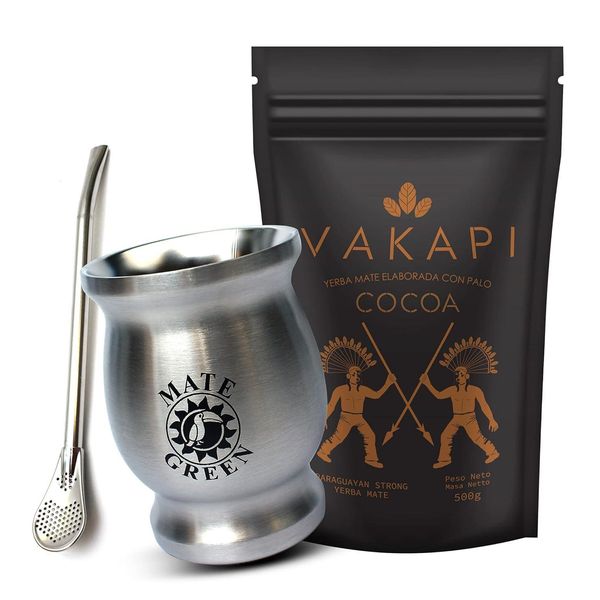 Vakapi Yerba Mate Green Set Cocoa - Set Di Tè Mate Premium Da 700 G Con Tazza In Acciaio Inox Da 230 Ml E Bombilla - Aroma Di Cacao, Lavanda, Zenzero E Cocco-image
