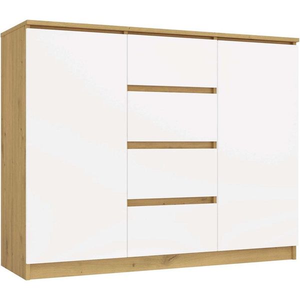 Credenza Moderna Con 2 Ante E 4 Cassetti – Rovere Tradizionale E Bianco | 120X40X97 Cm-image