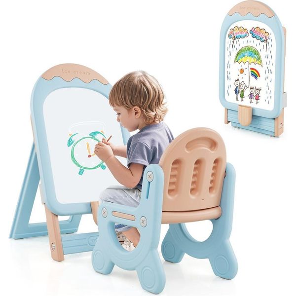 Cavalletto Regolabile Per Bambini Con Sedia, Lavagna Bianca E Contenitore-image