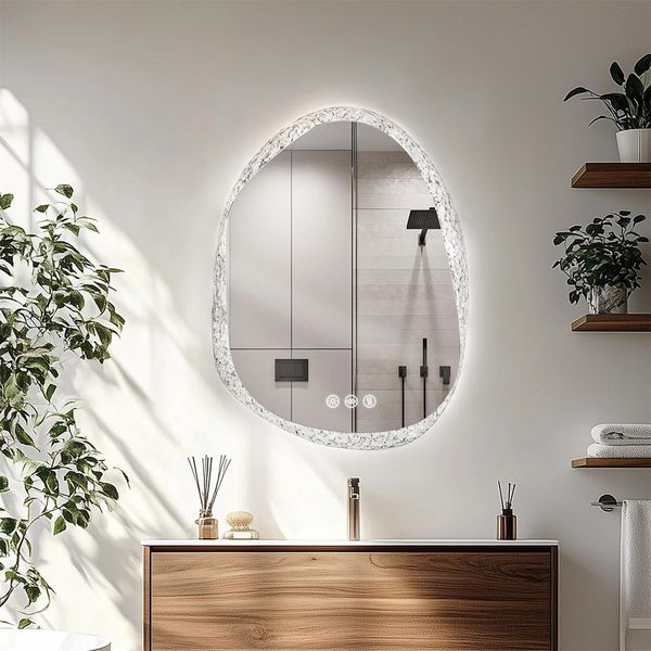 Specchio Da Bagno A Led - Specchio Da Parete Retroilluminato - 60×80 Cm - Senza Nebbia - Dimmerabile - Forma Irregolare - Cornice In Alluminio - Grigio Chiaro-image