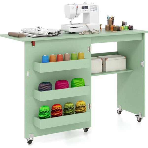 Costway Tavolo Da Cucito Pieghevole 2In1, Mobile Per Macchina Da Cucire In Legno Con Ripiani, Vano Portaoggetti E Ruote Bloccabili, Mobile Da Cucito, Tavolo Per Macchina Da Cucire, Tavolo Da Lavoro-image