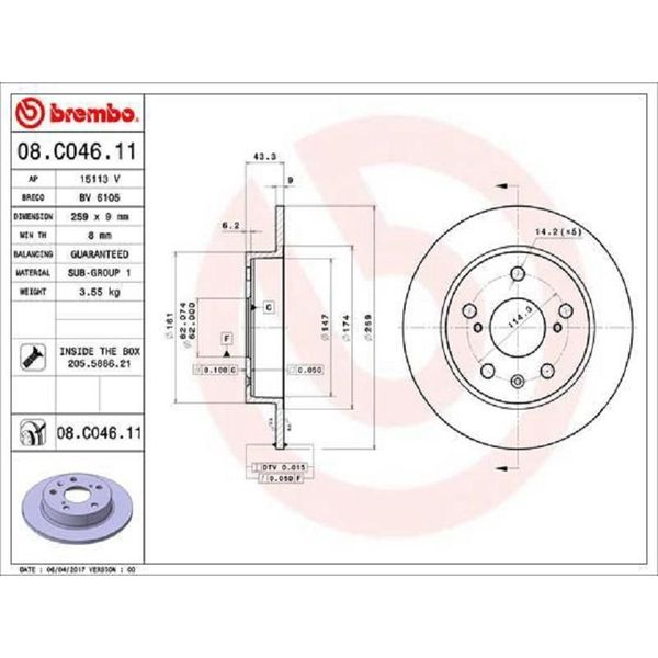 2X Brembo Disco Freno 08.C046.11 Per Suzuki Swift Iv (Fz Nz) Vitara (Ly) 43Mm-image