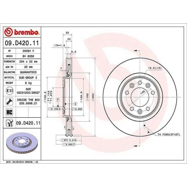 2X Disco Freno Brembo 09.D420.11 Per Opel Zafira Life (K0) Vivaro C Combi (K0)-image