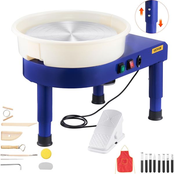Vevor Tornio Per Ceramica Con Pedale E Piedini Di Sollevamento Regolabili E Ciotola Rimovibile (35 Cm) Velocità 60-300 Rpm, Set Completo Di Accessori Per L'artigianato Fai Da Te Blu-image