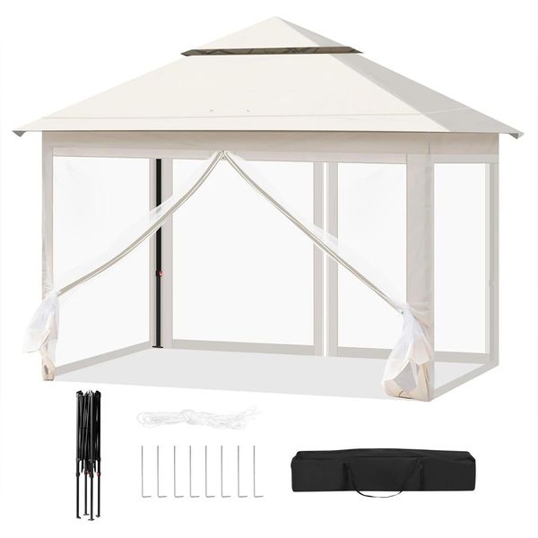 Gazebo Da Giardino - Tenda Pieghevole 3X3 M - Zanzariera - Regolabile In Altezza - Protezione Uv - Borsa Per Il Trasporto - Tessuto Oxford - Beige-image