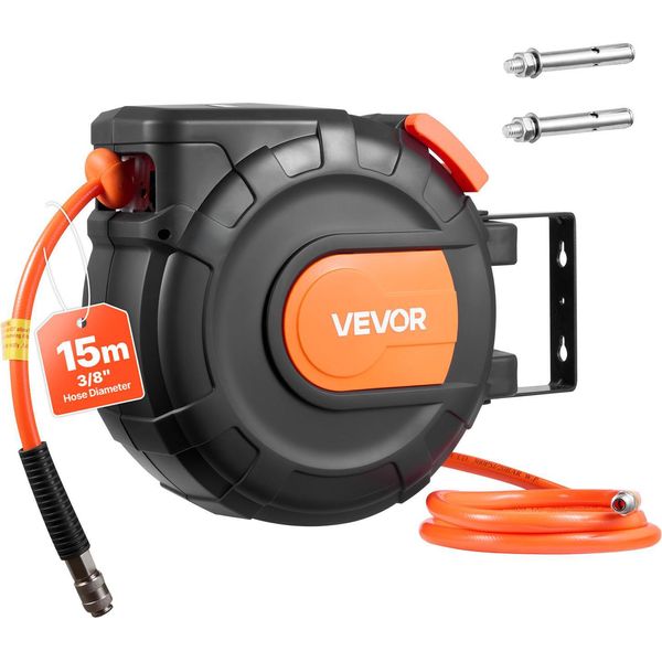 Vevor Avvolgitubo Per Aria Compressa, Tubo In Pvc Da 9,5 Mm X 15 M, 20 Bar, Avvolgitubo Chiuso Con Avvolgimento Automatico E Cavo Di Alimentazione Da 1 M, Supporto Per Soffitto/Parete Orientabile A 180°-image