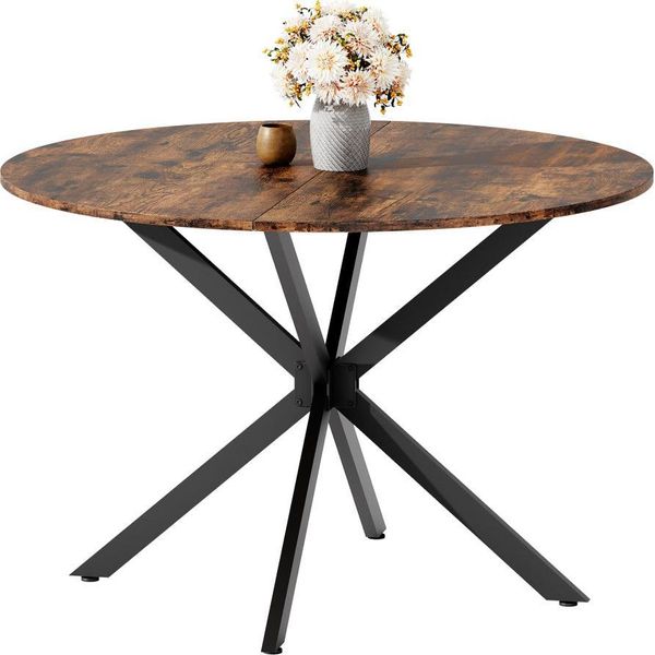 Tavolo Da Pranzo Rotondo In Stile Industriale Ø120 Cm, Tavolo Da Cucina Per 4-6 Persone, Base A X In Acciaio, Marrone Vintage E Nero, Tavolo Da Pranzo Retrò-image