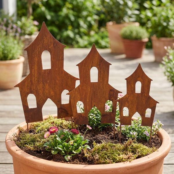 Casette Rustiche Delle Streghe In Acciaio – Decorazioni Da Giardino In Metallo, Set Da 3 Pezzi-image