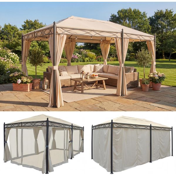 Pergola Cadiz, Padiglione, Struttura Robusta 7Cm 5X3M ~ Crema Con Parete Laterale + Zanzariera-image