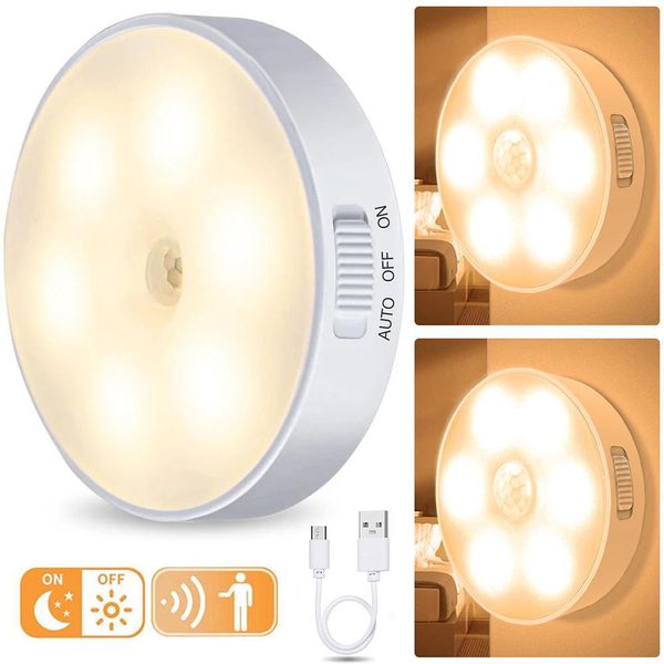 2X Luce Notturna A Led Con Rilevatore Di Movimento Luce Crepuscolare Ricaricabile Usb Bianco Caldo Per Scale, Guardaroba-image