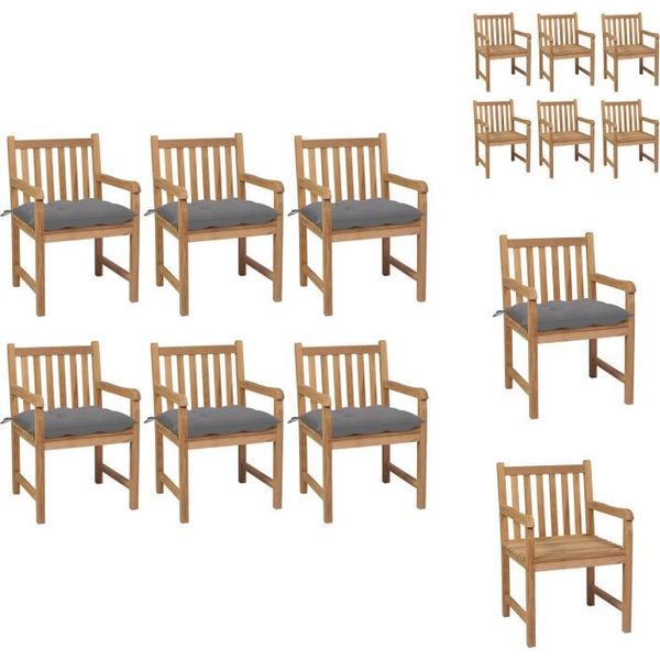 Vidaxl Sedie Da Giardino 6 Pezzi Con Cuscini Grigi In Legno Massiccio Teak - Sedie Da Giardino-image