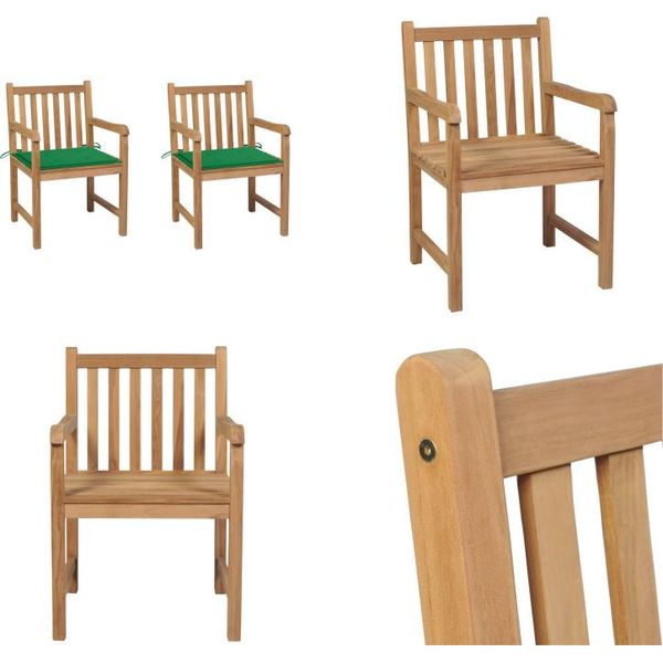 Vidaxl Sedie Da Giardino 2 Pezzi Con Cuscini Verdi In Legno Massiccio Teak - Sedia Da Giardino - Sedie Da Giardino - Poltrona Da Giardino - Sedia Di Legno-image