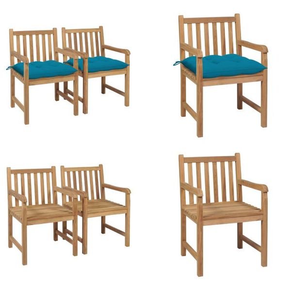Vidaxl Sedie Da Giardino 2 Pezzi Con Cuscini Azzurri In Legno Massiccio Di Teak - Sedia Da Giardino - Sedie Da Giardino - Poltrona Da Giardino - Sedia Di Legno-image