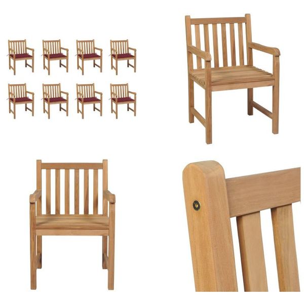 Vidaxl Sedie Da Giardino 8 Pz. Con Cuscini Rosso Vino Legno Massello Teak - Sedia Da Giardino - Sedie Da Giardino - Poltrona Da Giardino - Sedia In Legno-image