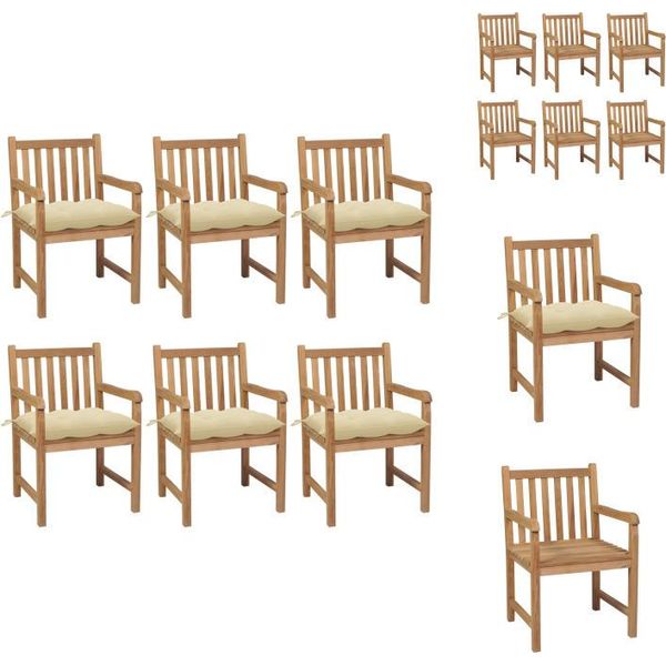 Vidaxl Sedie Da Giardino 6 Pezzi Con Cuscini Bianco Crema In Teak Massiccio - Sedie Da Giardino-image