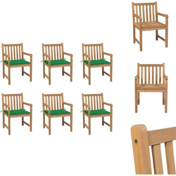 Vidaxl Sedie Da Giardino 6 Pezzi Con Cuscini Verdi In Legno Massiccio Teak - Sedie Da Giardino-image