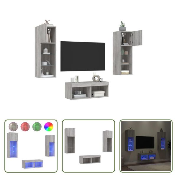 The Living Store Parete Tv 4 Pezzi Con Luci Led Grigio Sonoma-image