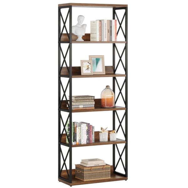 Libreria In Stile Industriale Tribesigns, Altezza 178 Cm, 6 Livelli Con Ripiani Aperti, Stile Vintage, Ideale Per Casa, Ufficio, Marrone E Nero-image