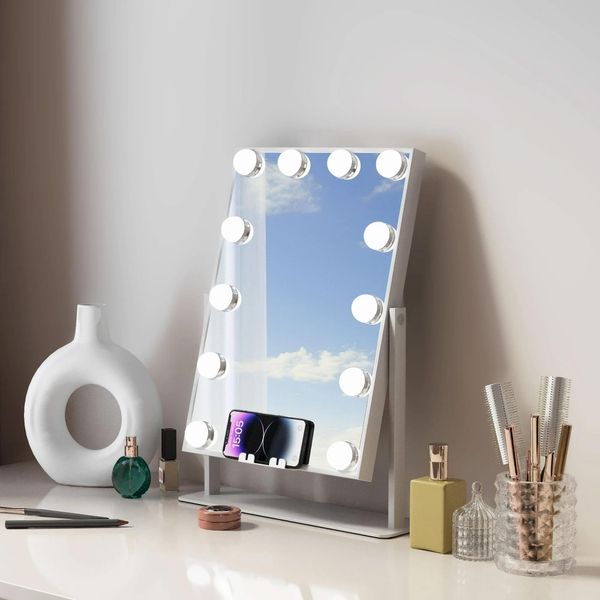 Vanitii Specchio Per Il Trucco Con Illuminazione 30 X 41 Cm Illuminazione A Led 12 Luci Dimmer 3 Modalità Di Colore Specchio Per Il Trucco Bluetooth Ruotabile A 360° Per La Toletta-image