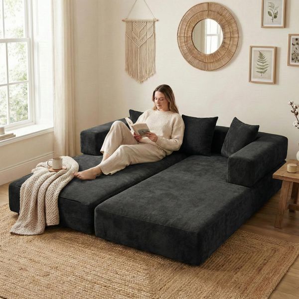 Lvhom Divano Letto Modulare In Ciniglia, Divano Pieghevole Da Terra Con Tasca Laterale, Divano Imbottito Pieghevole 198X79/159Cm, Nero-image