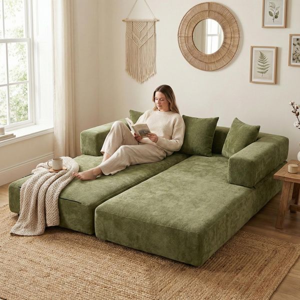 Lvhom Divano Letto Modulare In Ciniglia, Divano Pieghevole Da Terra Con Tasca Laterale, Divano Imbottito Pieghevole 198X79/159Cm, Verde-image