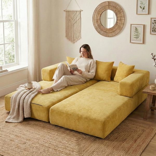 Lvhom Divano Letto Modulare In Ciniglia, Divano Pieghevole Da Terra Con Tasca Laterale, Divano Imbottito Pieghevole 198X79/159Cm, Giallo-image